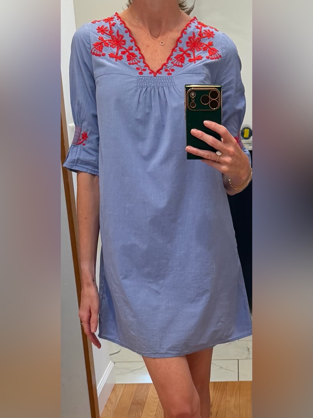 Madewell Light Blue Tunic with Red Floral Embroidery